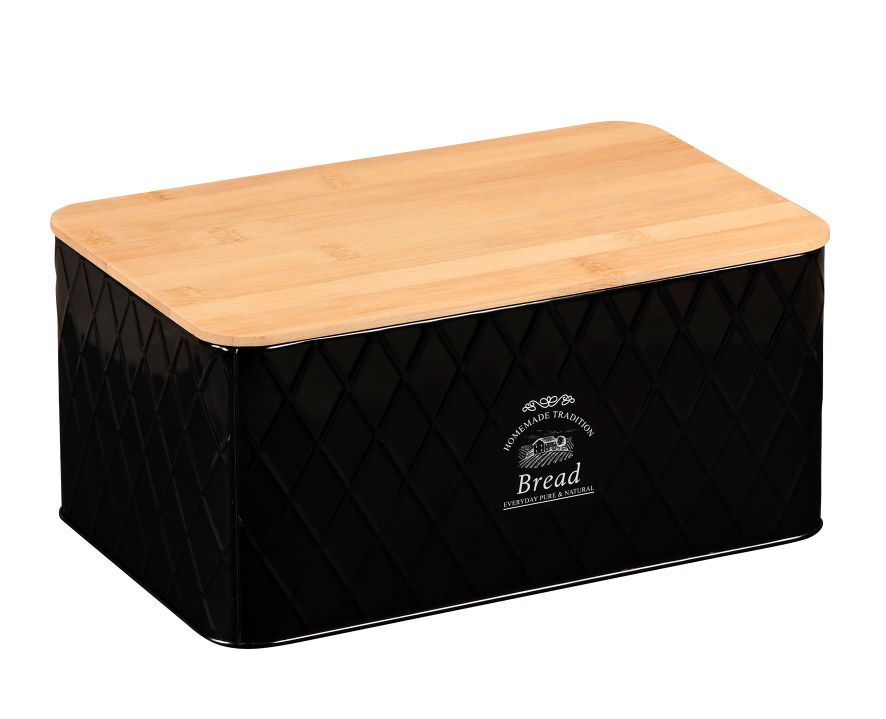 Bread Bin - Stainless Steel - Black/Bamboo Lid