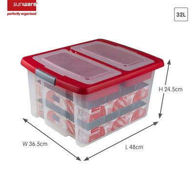 Nesta Christmas Storage Box 32L With Trays For 32 Baubles - Transparent Red-REDUCED 10%