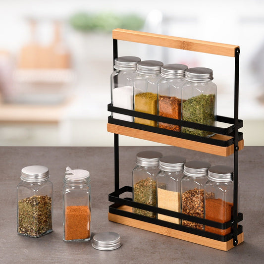 Bamboo Spice Rack with 10 Spice bottles