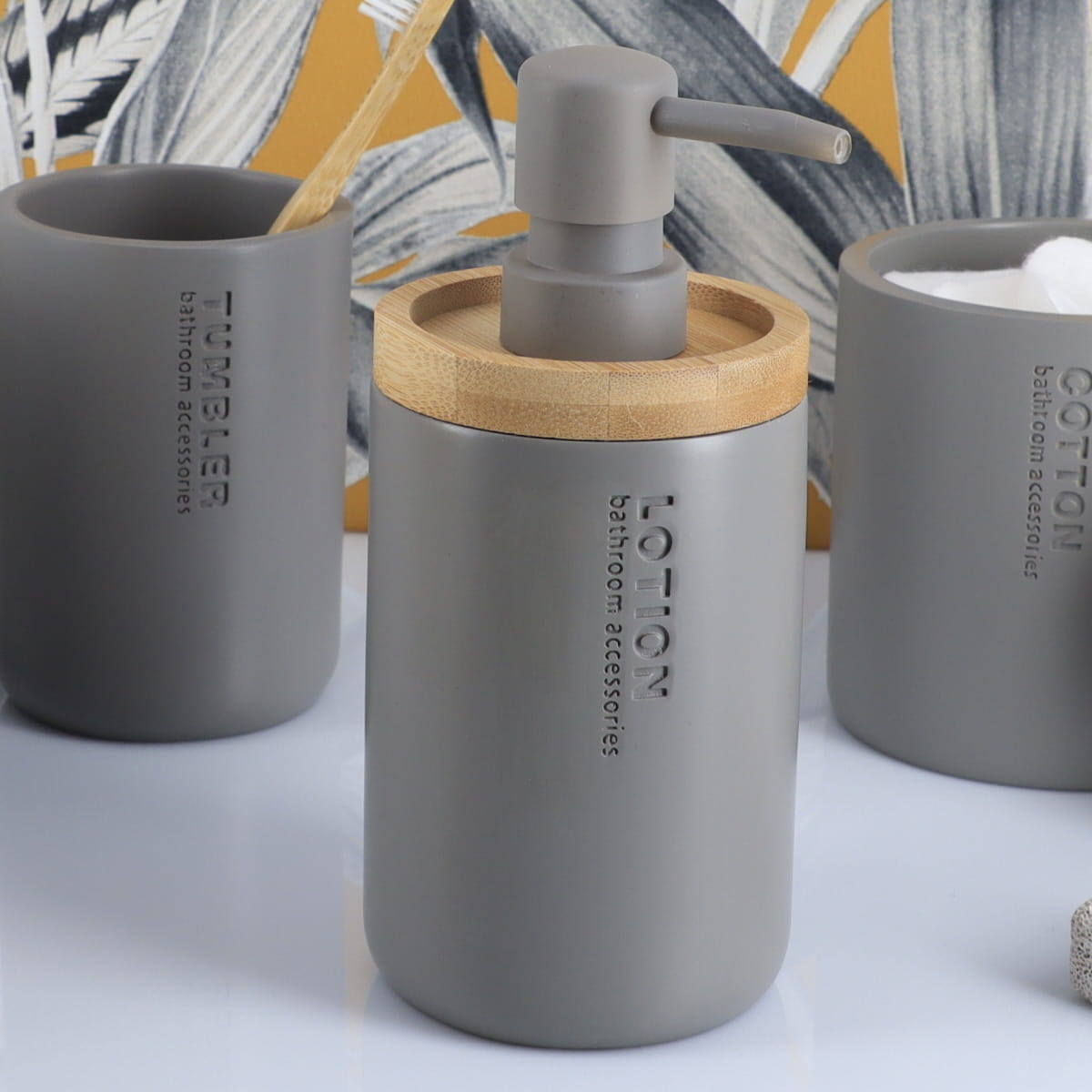 Polyresin Soap Dispenser 280Ml - Grey/Bamboo