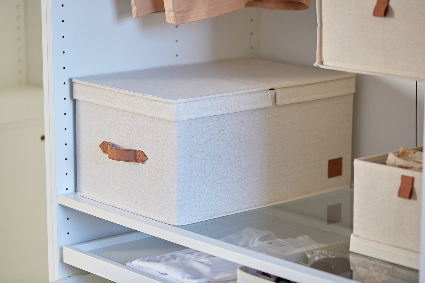 Fabric Storage Box With Hinged Lid - Cream