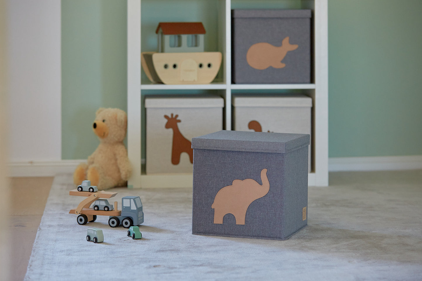 Storage Box With Lid - Grey With Elephant