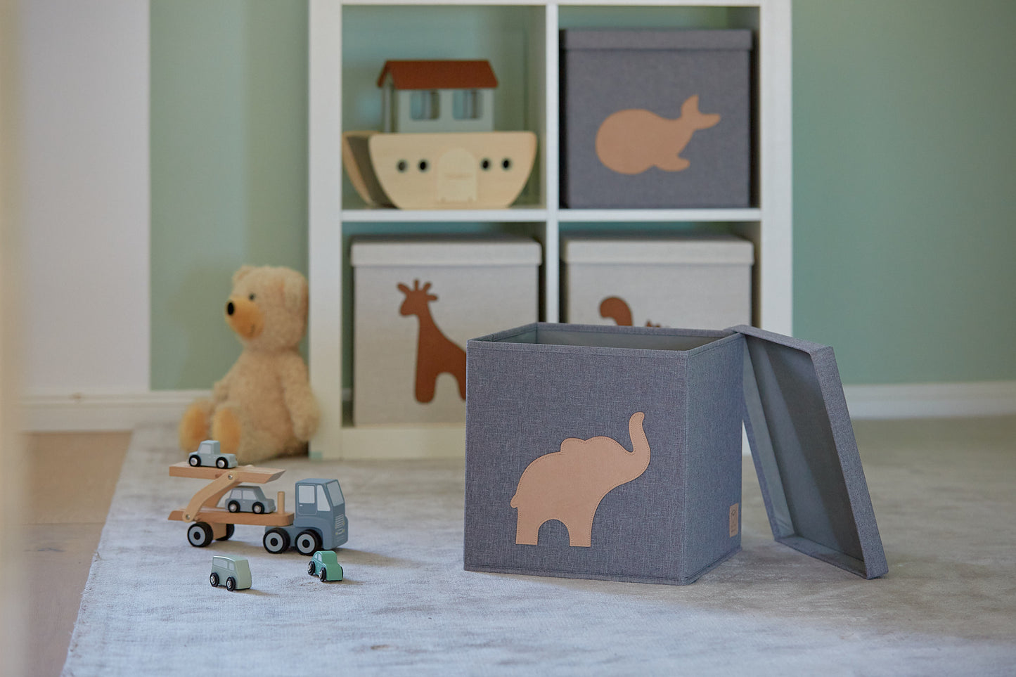 Storage Box With Lid - Grey With Elephant