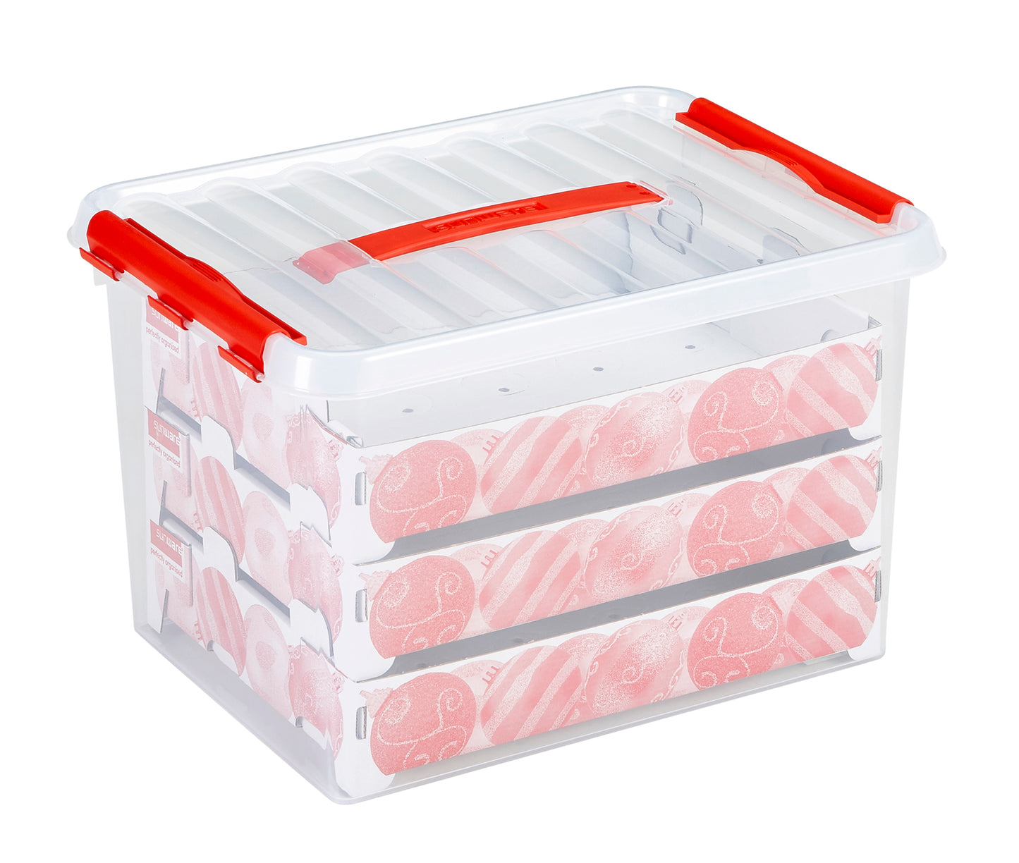 Q-Line Christmas Storage Box 22L With Trays For 60 Baubles - Transparent Red