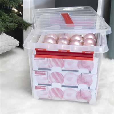 Q-Line Christmas Storage Box 22L With Trays For 60 Baubles - Transparent Red