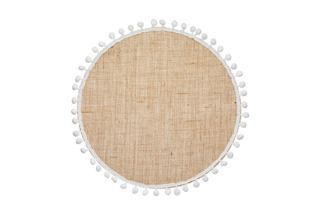 Natural Elements Set of 4 Woven Hessian Placemats with Pom Pom Decorations - 38cm