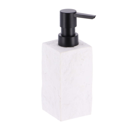 Square Polyresin Soap Dispenser Stone Effect With Matte Black Pump 260ml - White