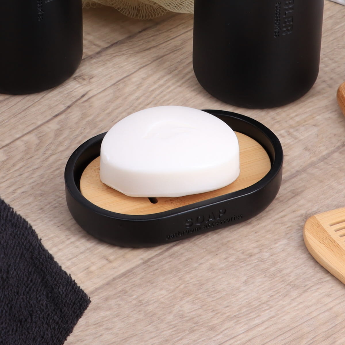 Polyresin Soap Dish - Matt Black/Bamboo