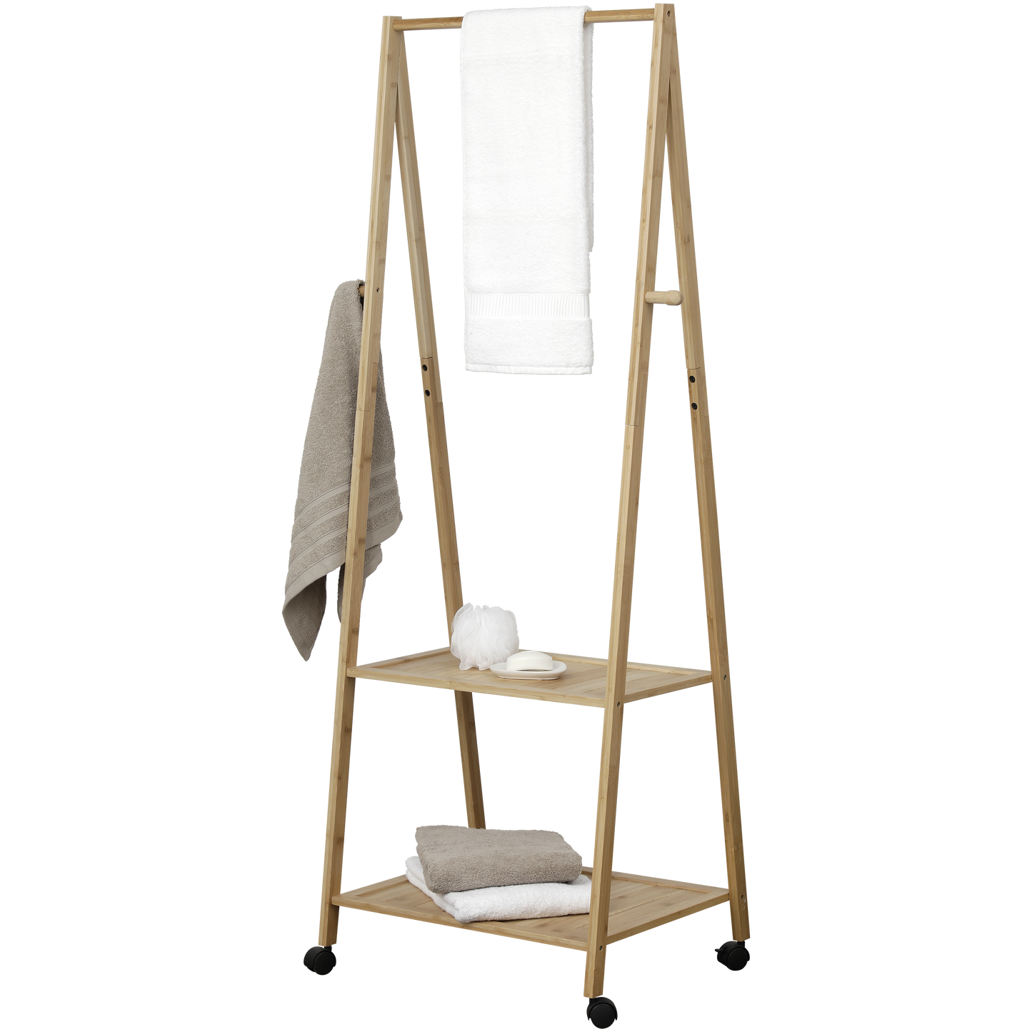 Bamboo Clothes Rack with Rail on Wheels & 2 Shelves