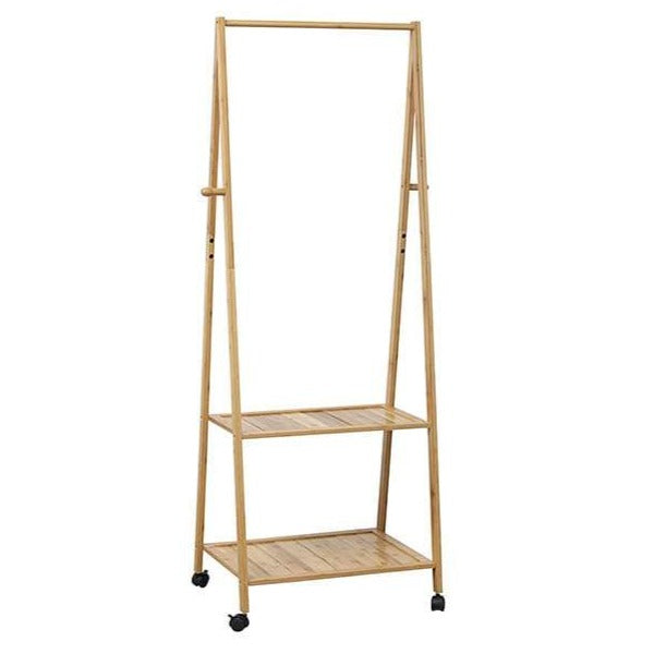 Bamboo Clothes Rack with Rail on Wheels & 2 Shelves